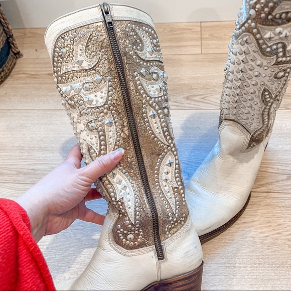 Frye Leather Deborah Deco Tall in White/Gold/Brown - Picture 7 of 13